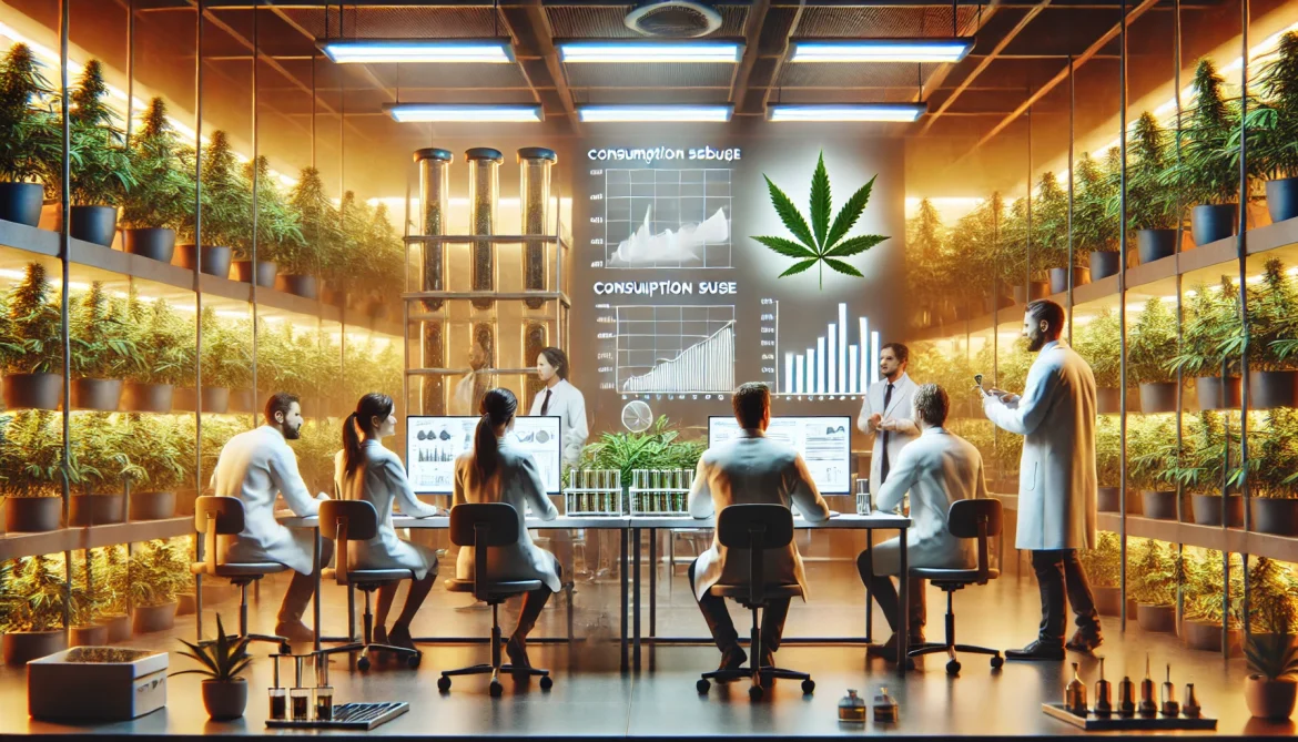 DALL·E 2024-11-08 15.46.03 – Create a photorealistic horizontal illustration showing a group of scientists in a modern laboratory analyzing the effects of marijuana on the consump
